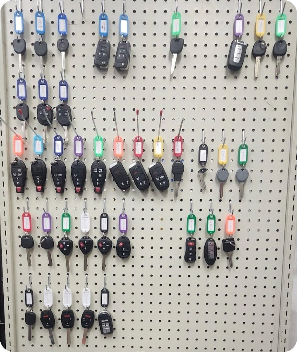 Wall of automotive keys and fobs in the shop
